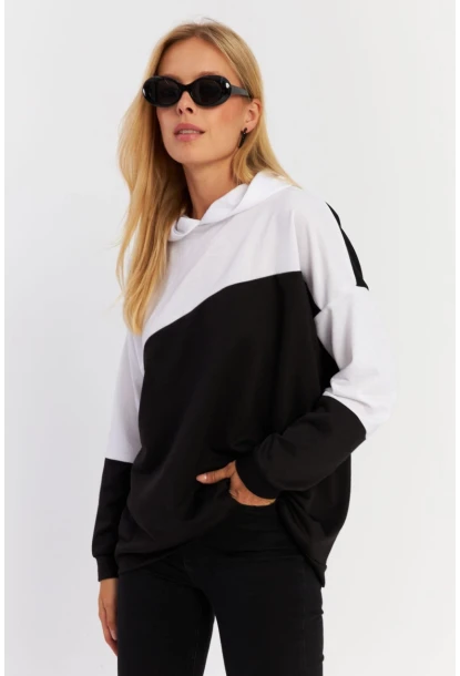Kadın Siyah-Beyaz Renk Bloklu Kapüşonlu Sweatshirt DA148