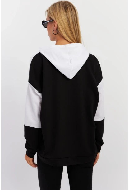 Kadın Siyah-Beyaz Renk Bloklu Kapüşonlu Sweatshirt DA148