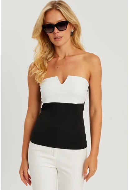 Kadın Siyah-Beyaz Straplez Bluz EY2793