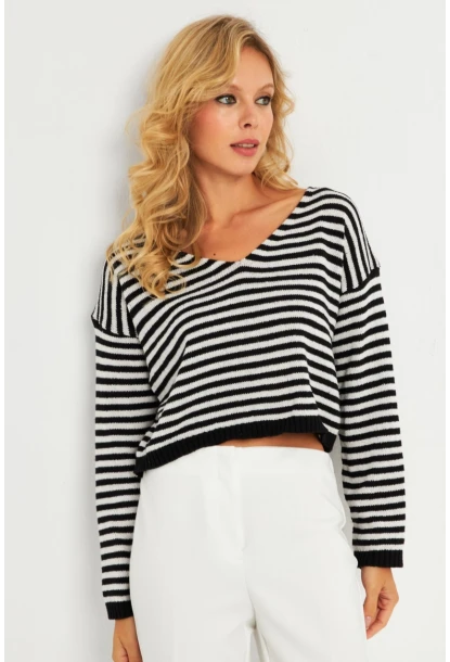 Kadın Siyah-Beyaz V Yaka Çizgili Bluz YV280