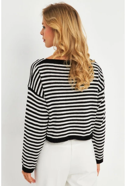 Kadın Siyah-Beyaz V Yaka Çizgili Bluz YV280