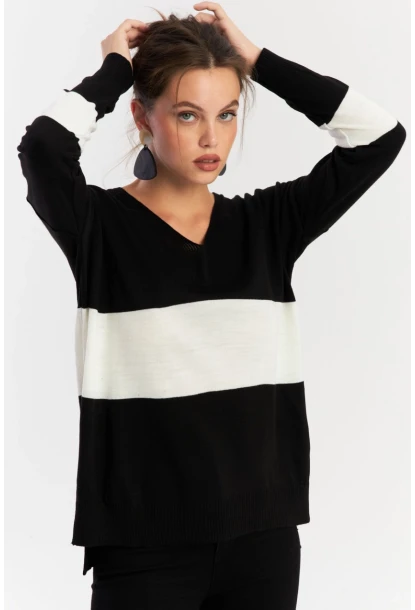Kadın Siyah-Beyaz V Yaka Triko Bluz YİL555