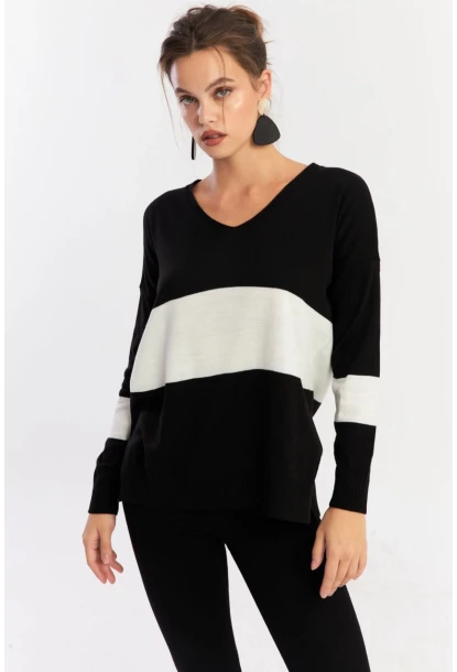 Kadın Siyah-Beyaz V Yaka Triko Bluz YİL555