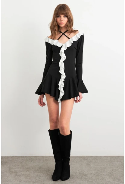 Kadın Siyah-Beyaz Volanlı İspanyol Kol Mini Elbise DCF108