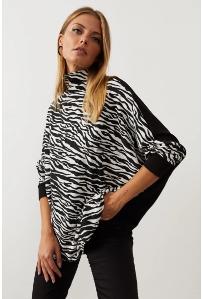 Kadın Siyah-Beyaz Zebra Desenli Balıkçı Yaka Salaş Bluz MEY1060