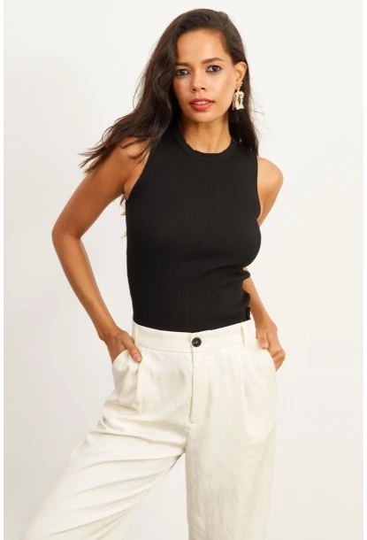 Kadın Siyah Bisiklet Yaka Triko Bluz YV91