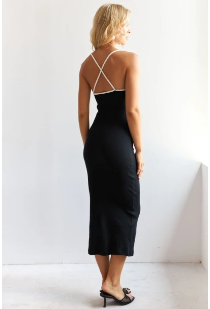 Kadın Siyah Biyeli Kaşkorse Midi Elbise XL2024