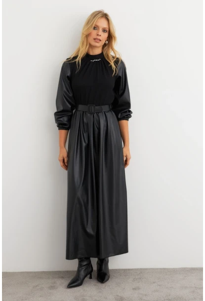 Kadın Siyah Bloklu Taşlı Elbise MALZ101