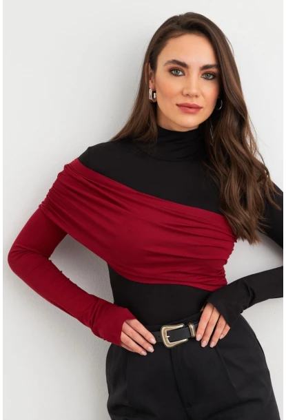 Kadın Siyah-Bordo Bloklu Bluz EY3018