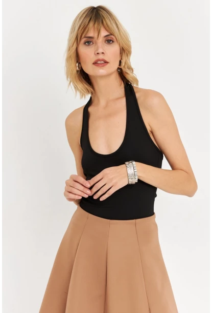 Kadın Siyah Boyun Askılı Crop Bluz TF69
