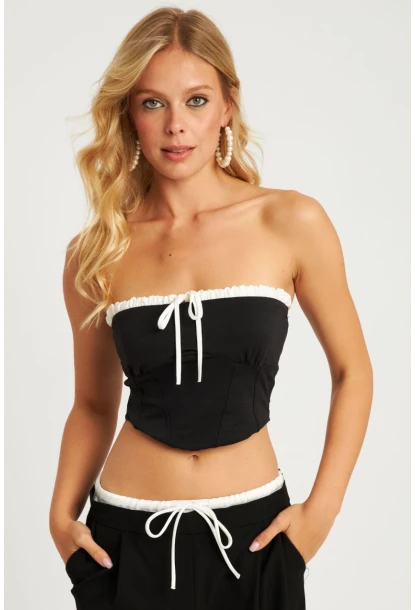 Kadın Siyah Boyun Bağlamalı Crop Bluz MON133