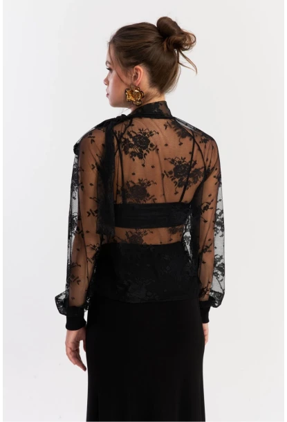 Kadın Siyah Boyun Bağlamalı Tül Bluz EY2929