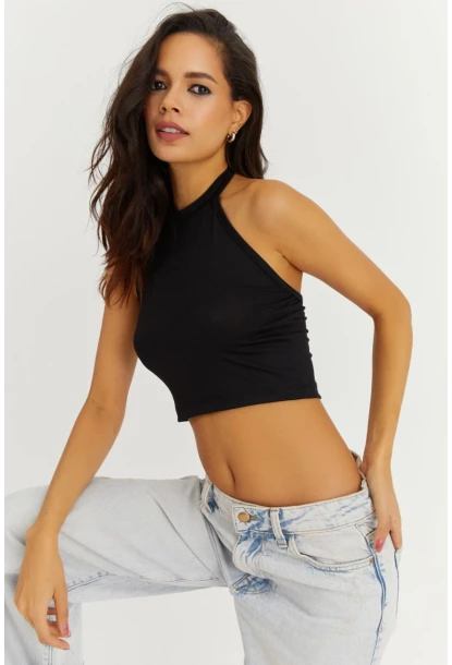 Kadın Siyah Boyundan Bağlamalı Crop Bluz EY1480