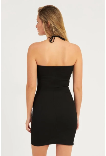 Kadın Siyah Boyundan Bağlamalı Mini Elbise CG344