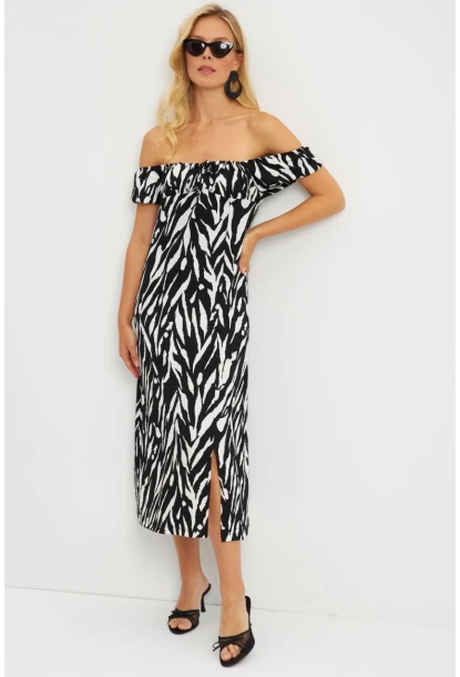 Kadın Siyah Bürümcük Büzgülü Midi Elbise DY105