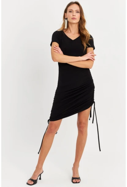 Kadın Siyah Büzgülü Ayarlanabilir Midi Elbise HOR002