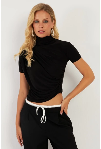 Kadın Siyah Büzgülü Bluz LPP1287