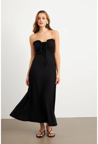 Kadın Siyah Büzgülü Bürümcük Midi Elbise EY3096