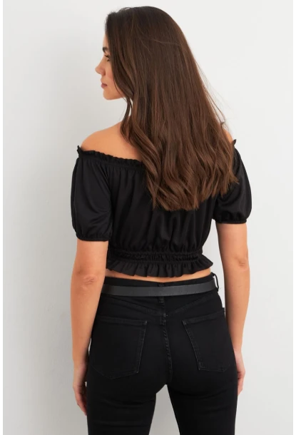 Kadın Siyah Büzgülü Crop Bluz ELT1680