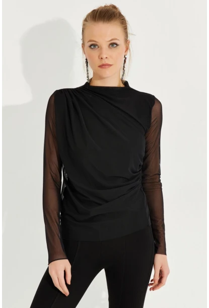 Kadın Siyah Büzgülü Drapeli Tül Bluz LPP1244