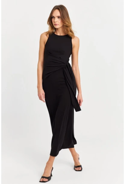 Kadın Siyah Büzgülü Kolsuz Midi Elbise TF75