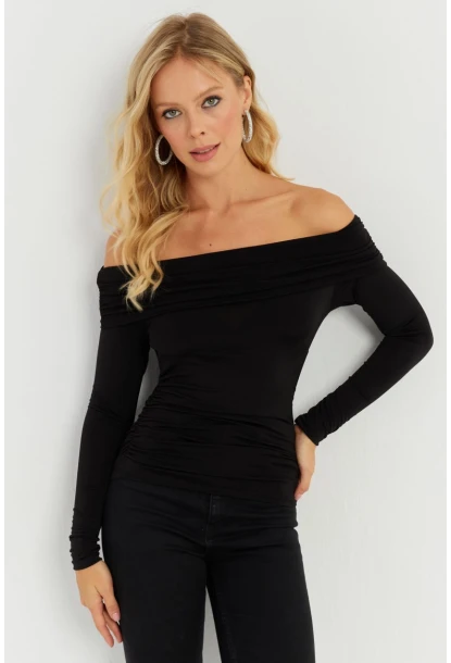 Kadın Siyah Büzgülü Madonna Bluz MON1119