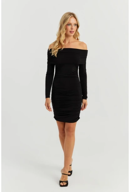 Kadın Siyah Büzgülü Madonna Mini Elbise MON1118