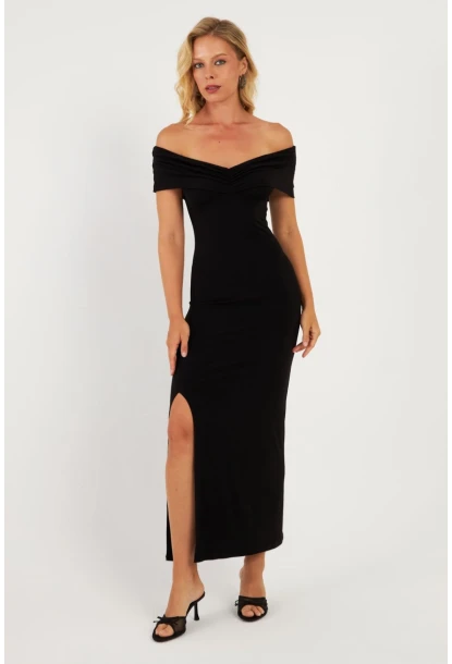 Kadın Siyah Büzgülü Midi Elbise DMR965