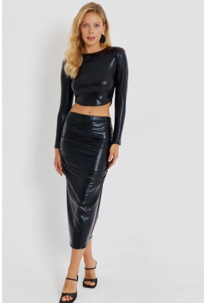 Kadın Siyah Büzgülü Parlak Etek Takım KED4046