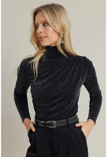 Kadın Siyah Büzgülü Simli Bluz ELT3568