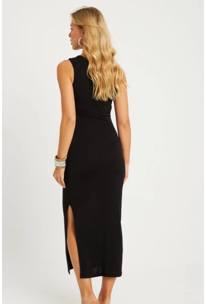 Kadın Siyah Büzgülü Yırtmaçlı Midi Elbise MON134