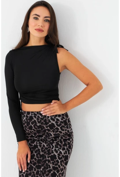 Kadın Siyah Büzülebilir Tek Kol Bluz CG390