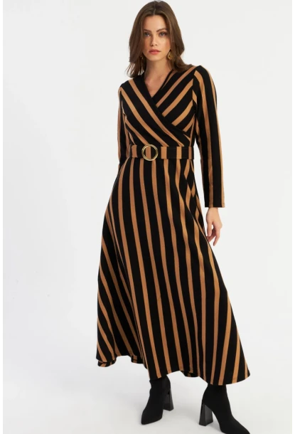 Kadın Siyah-Camel Kruveze Kemerli Maxi Elbise VTN4