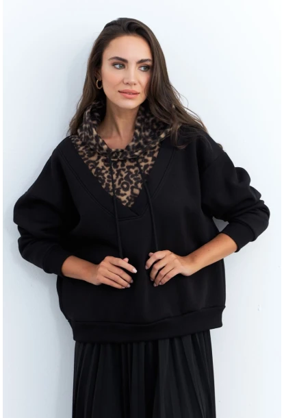 Kadın Siyah-Camel Leopar Bloklu Sweatshirt PP6415