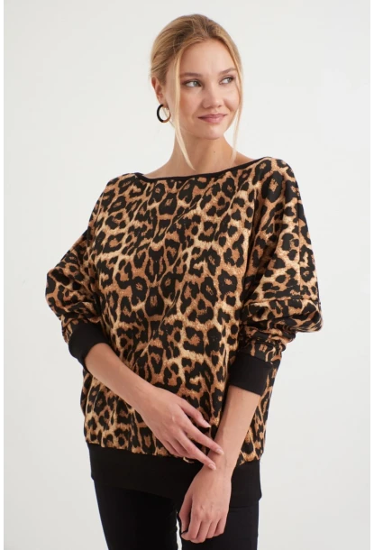 Kadın Siyah -Camel Leopar Desenli Sırtı Açık Yarasa Kol Sweatshirt B161