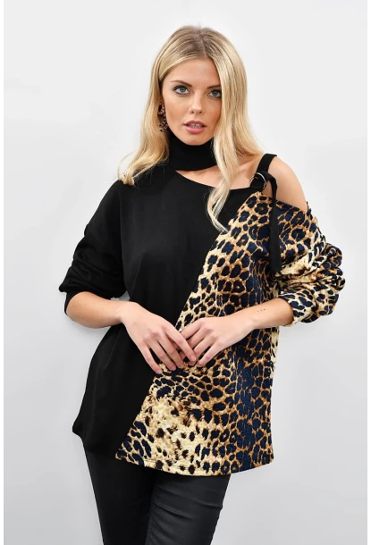 Kadın Siyah-Camel Tek Omuzu Açık Kontrast Sweatshirt Yİ1683