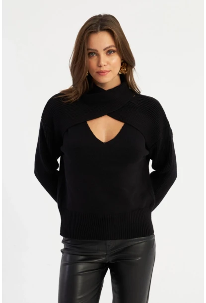 Kadın Siyah Çapraz Yaka Kazak AYD384