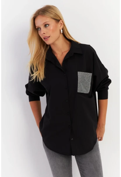 Kadın Siyah Cepli Taşlı Gömlek MZER414