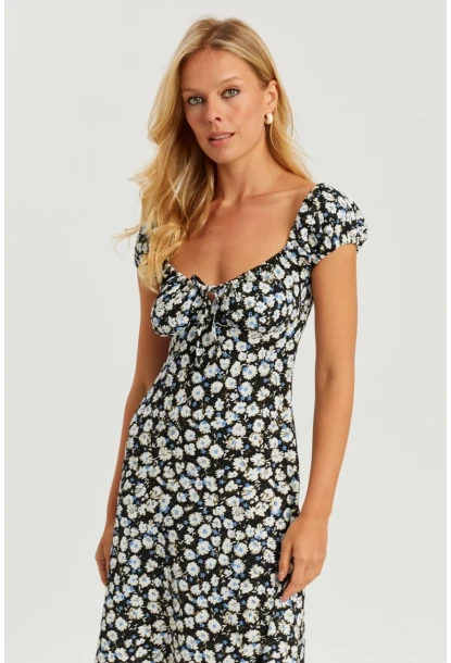 Kadın Siyah Çiçekli Mini Elbise GÇ165