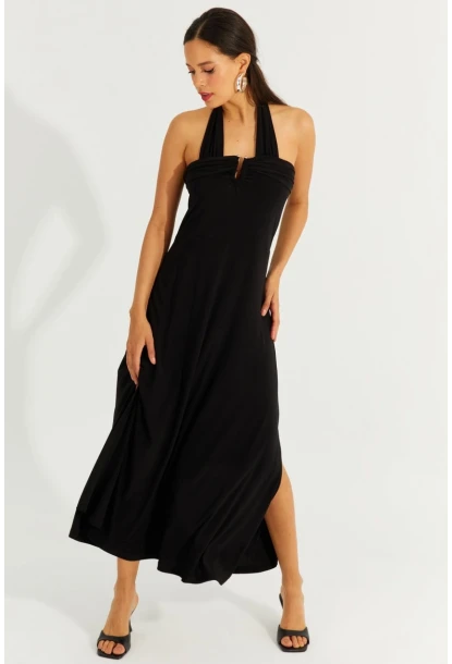 Kadın Siyah Çift Askılı Maxi Elbise BK261084