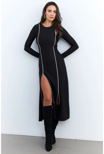 Kadın Siyah Çift Fermuarlı Maxi Elbise ELT4039