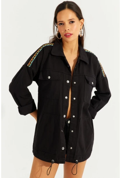 Kadın Siyah Çıtçıtlı Denim Gömlek Ceket İS2120