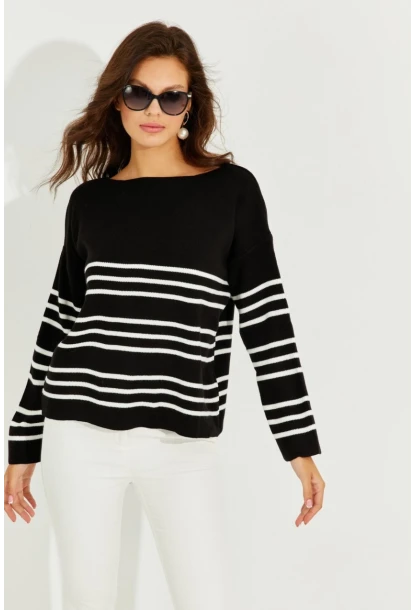 Kadın Siyah Çizgili Triko Kazak SF2188