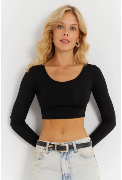 Kadın Siyah Crop Bluz CG367