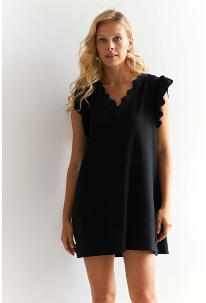 Kadın Siyah Dantel Detaylı Bürümcük Mini Elbise HOL2081