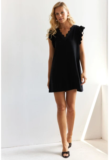 Kadın Siyah Dantel Detaylı Bürümcük Mini Elbise HOL2081