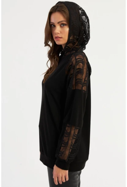 Kadın Siyah Dantel Detaylı Kapüşonlu Sweatshirt BK58