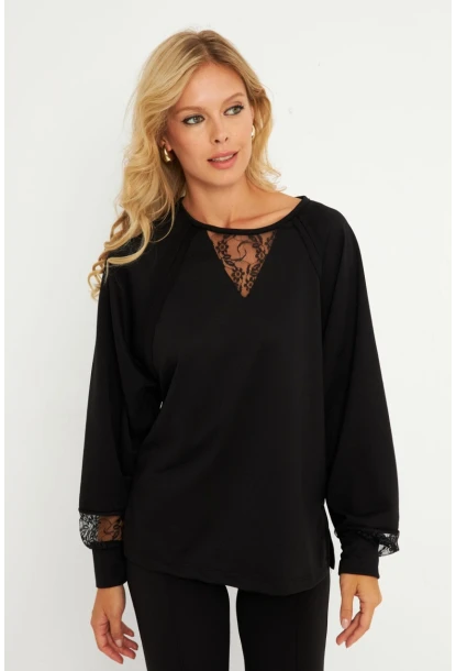 Kadın Siyah Dantel Detaylı Sweatshirt EY2906