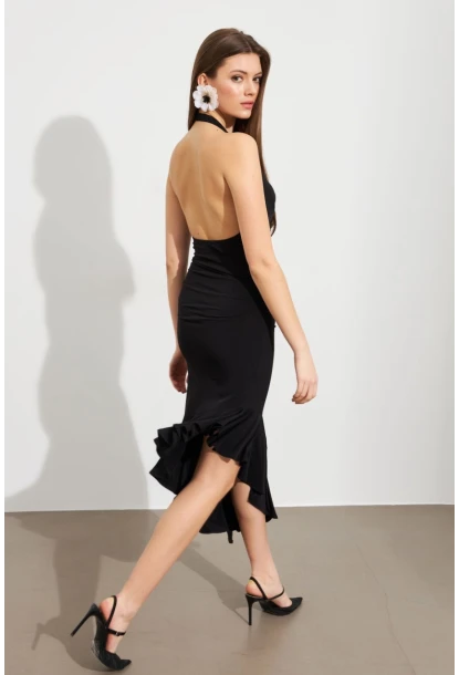 Kadın Siyah Degaje Asimetrik Midi Elbise İRE1436