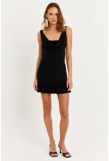 Kadın Siyah Degaje Yaka Mini Elbise HOR0078